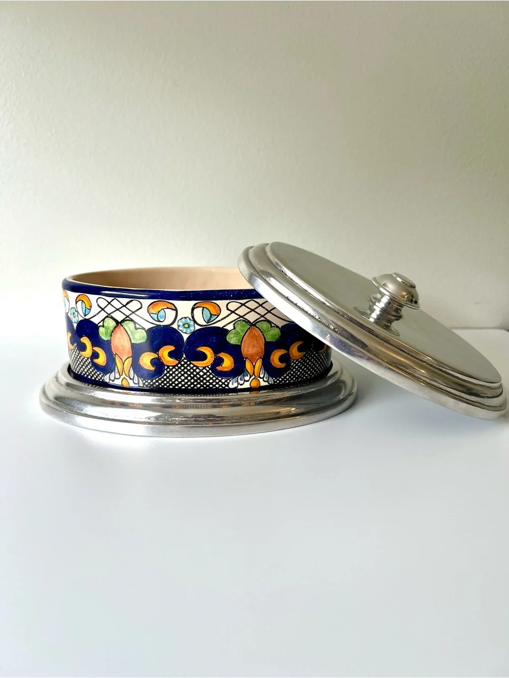Talavera Pottery Oval Canister Signed Mexico Heavy Aluminum Lid & Base 7.5
